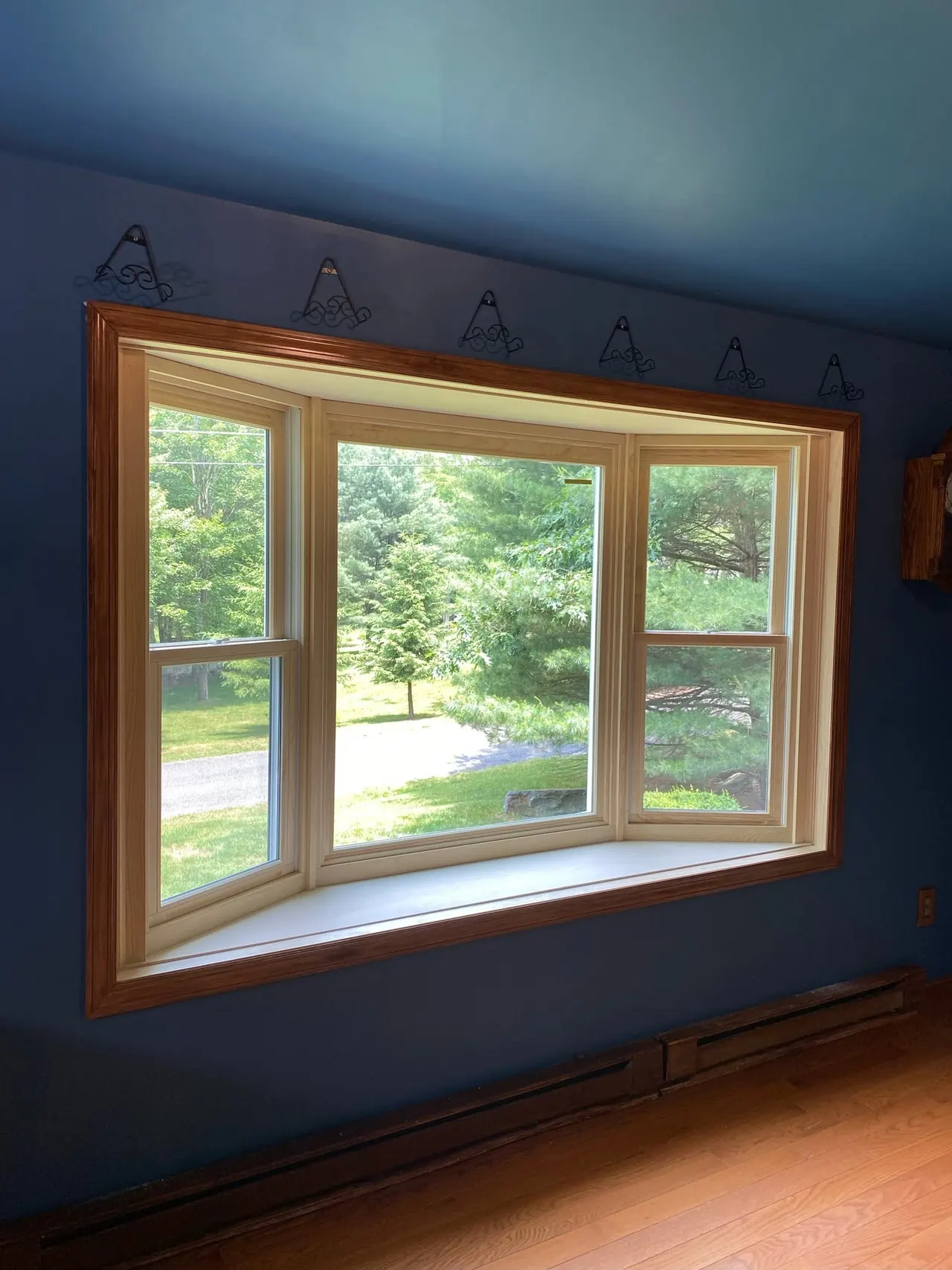 Wood-trimmed bay window with three panes overlooking a wooded yard, viewed from inside a blue room
